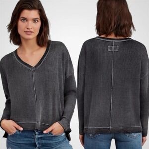 Pilcro Anthropologie Charcoal Waffle Knit V Neck Long Sleeve Top Size S